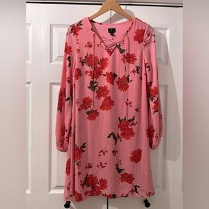 Worthington Womens Pink Red floral Midi V-Neck Dress Long Sleeve